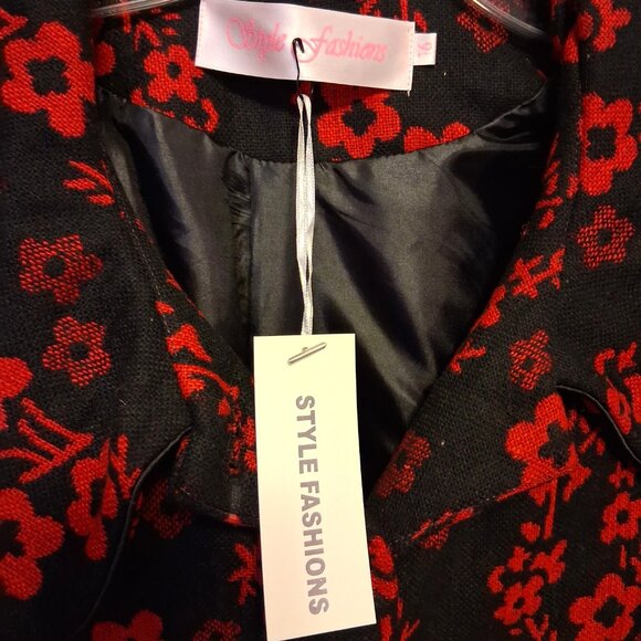 NEW Women’s Elegant Pea Coat Red Black Floral Lined Trench Coat ¾ Sleeve 16 XL - Picture 9 of 10